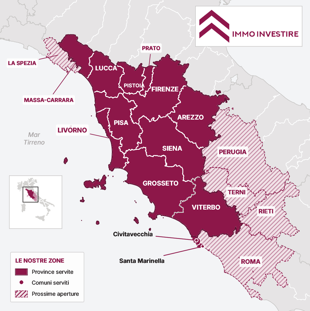 Mappa delle zone servite da Immo Investire: province servite, comuni serviti e prossime aperture